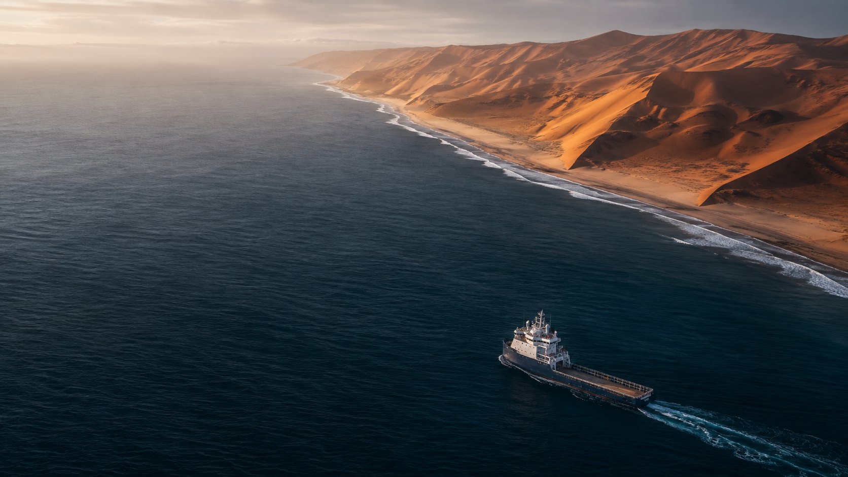 Aerial view of an offshore supply vessel steaming along Namibia&rsquo;s desert coastline